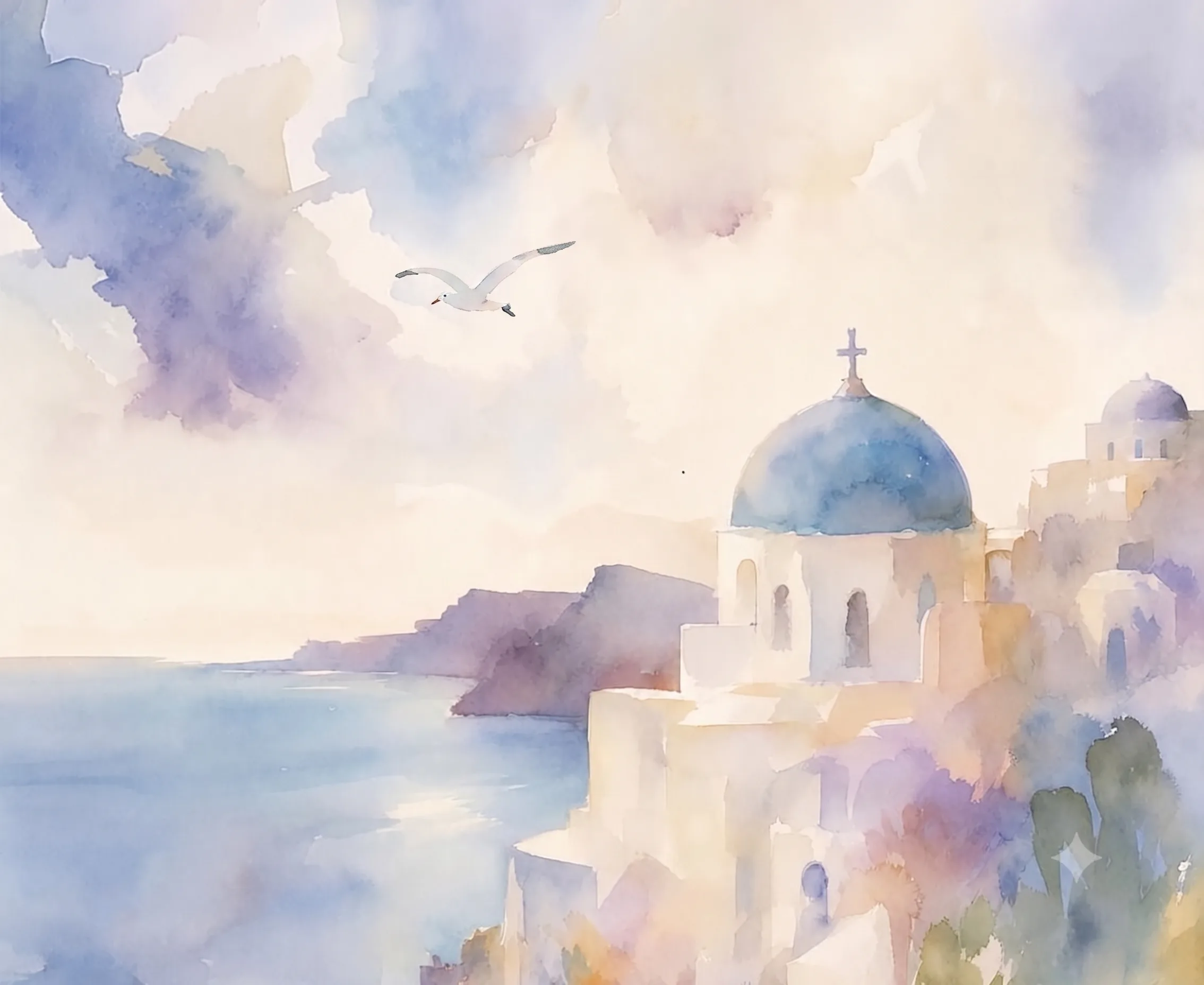 Aquarellmalerei von Santorini – weiße Häuser und blaue Kuppeln über der Caldera